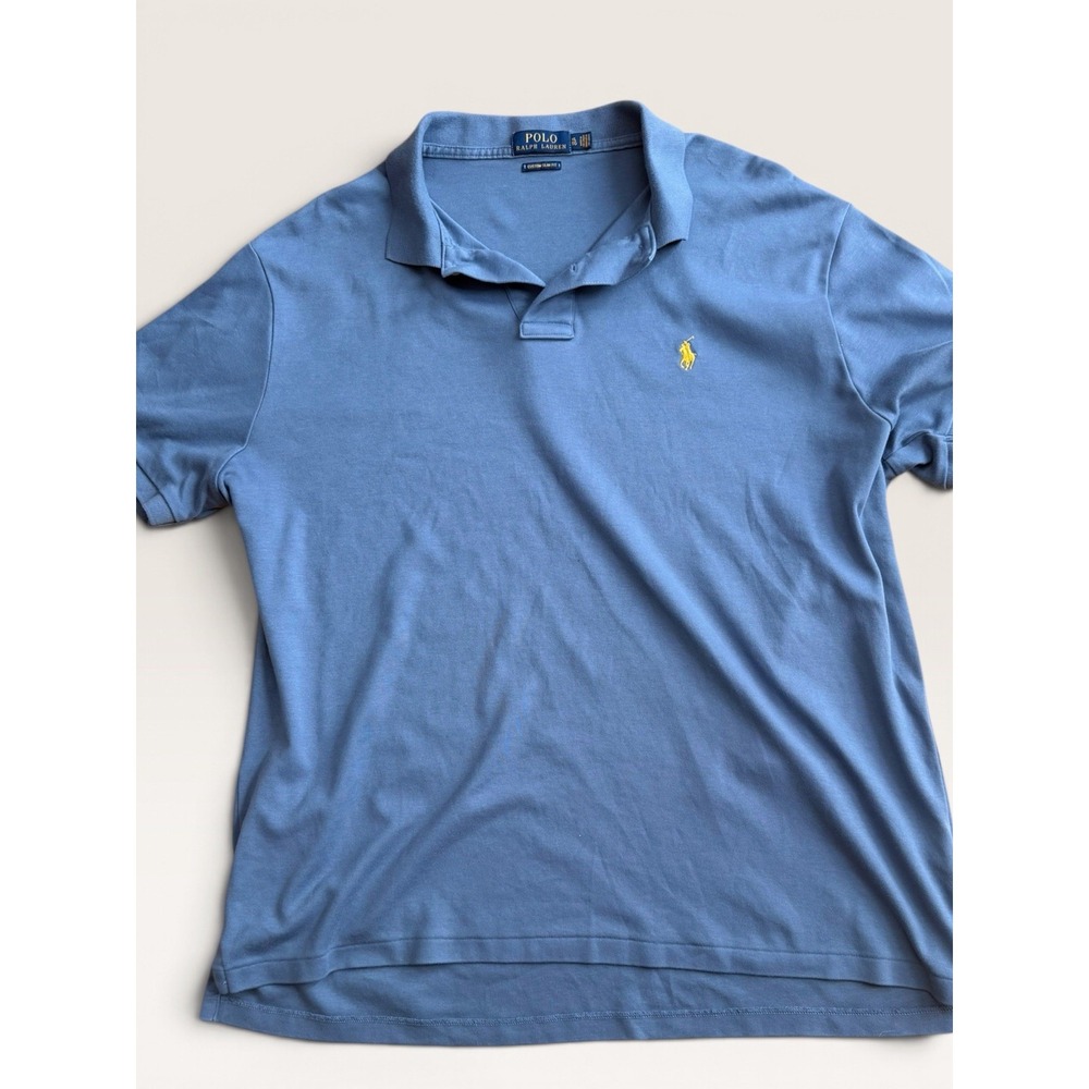 Polo Ralph Lauren Blue Interlock Polo Shirt Yellow Pony Slim Fit Men's XL Cotton
